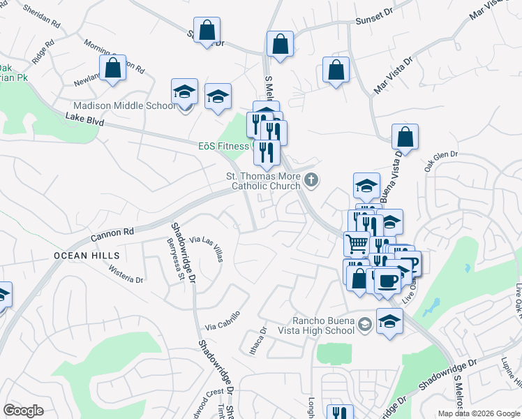 map of restaurants, bars, coffee shops, grocery stores, and more near 3504 Windrift Way in Oceanside