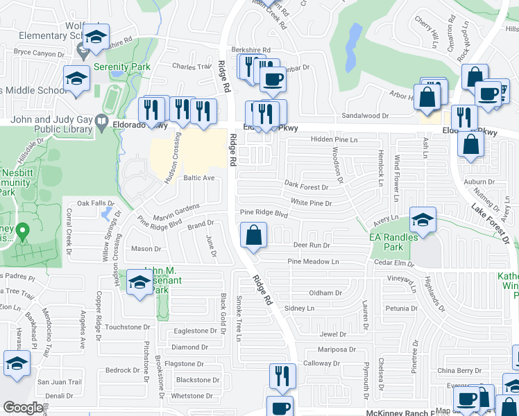 map of restaurants, bars, coffee shops, grocery stores, and more near 6220 Pine Ridge Boulevard in McKinney