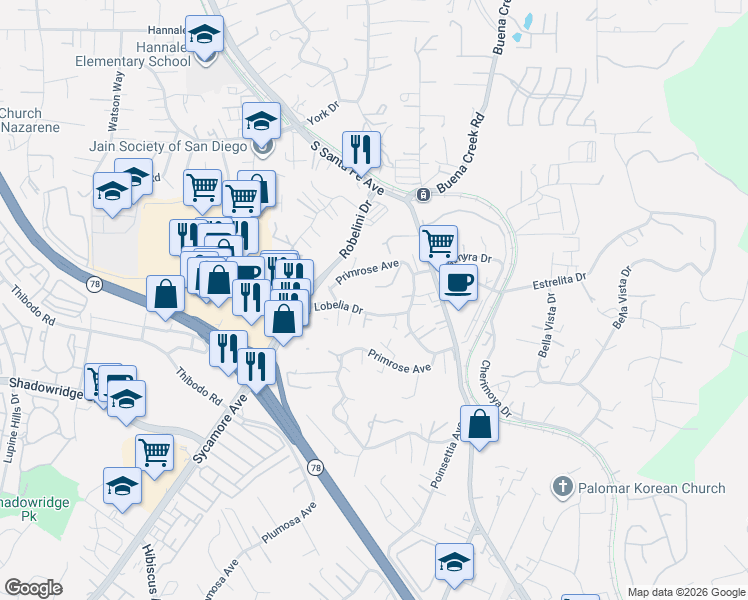 map of restaurants, bars, coffee shops, grocery stores, and more near 270 Lobelia Drive in Vista
