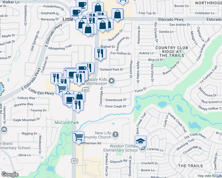 map of restaurants, bars, coffee shops, grocery stores, and more near 2433 Yuma Drive in Little Elm