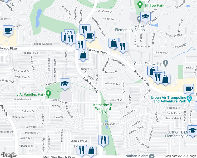 map of restaurants, bars, coffee shops, grocery stores, and more near 3301 Avery Lane in McKinney