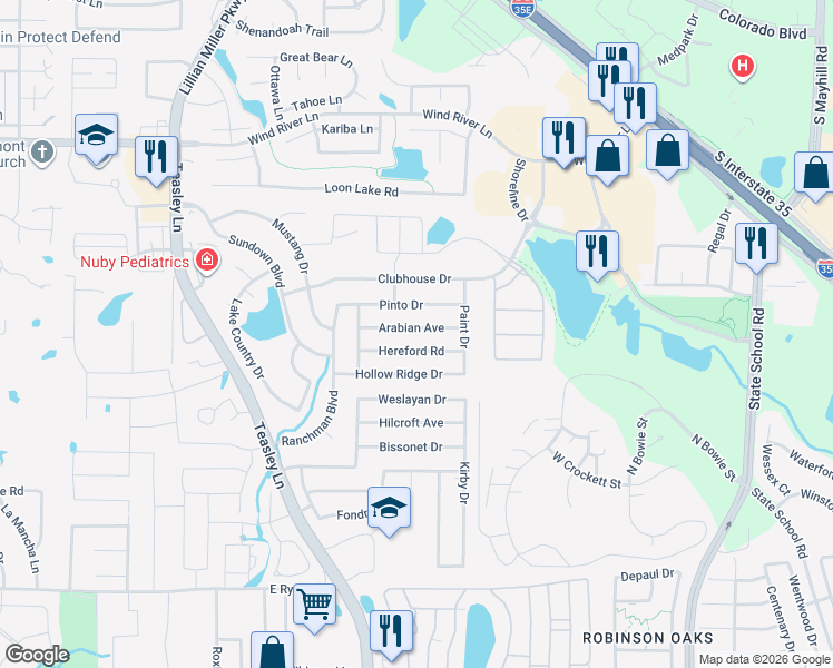 map of restaurants, bars, coffee shops, grocery stores, and more near 2716 Arabian Avenue in Denton