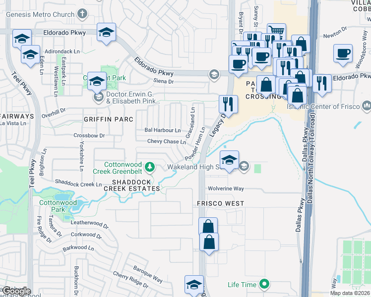 map of restaurants, bars, coffee shops, grocery stores, and more near 10958 Stonewyck Lane in Frisco