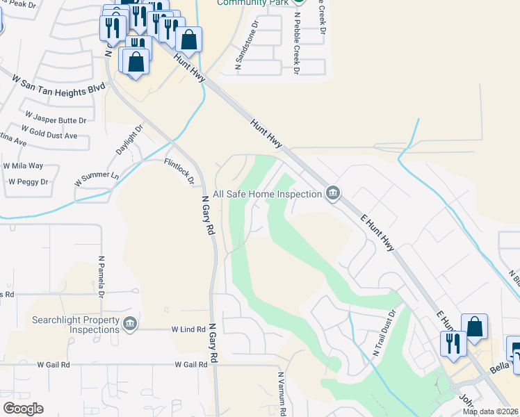 map of restaurants, bars, coffee shops, grocery stores, and more near Whistling Wind Drive in San Tan Valley