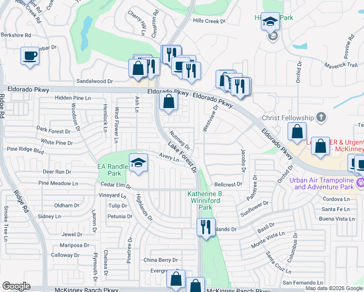 map of restaurants, bars, coffee shops, grocery stores, and more near 3304 Lake Forest Drive in McKinney