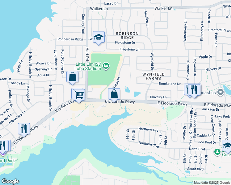 map of restaurants, bars, coffee shops, grocery stores, and more near 144A Castleridge Drive in Little Elm