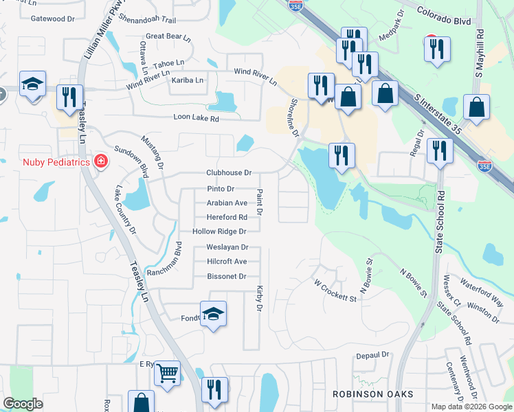 map of restaurants, bars, coffee shops, grocery stores, and more near 2813 Hereford Road in Denton