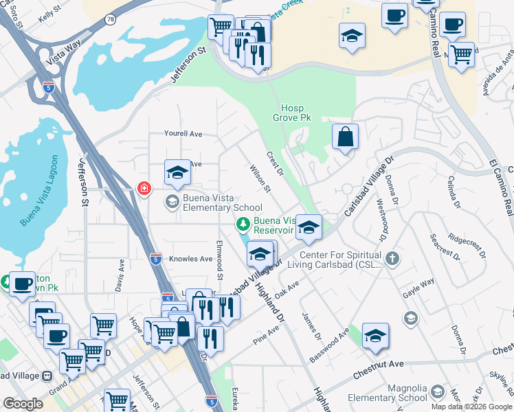 map of restaurants, bars, coffee shops, grocery stores, and more near 2780 James Drive in Carlsbad