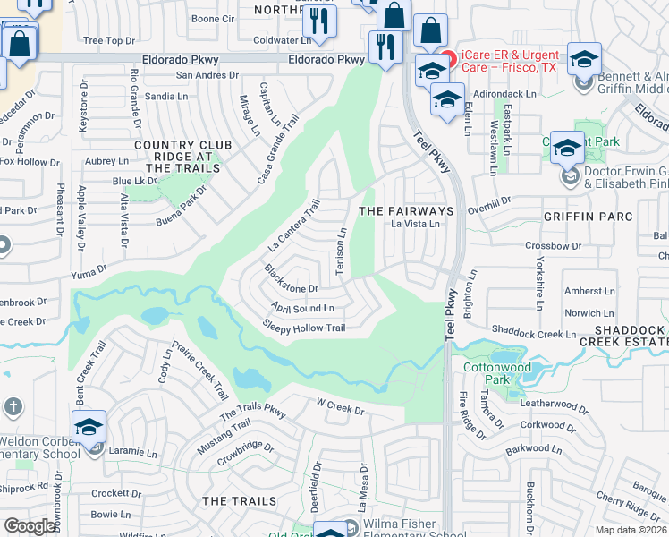 map of restaurants, bars, coffee shops, grocery stores, and more near 11229 Tenison Lane in Frisco