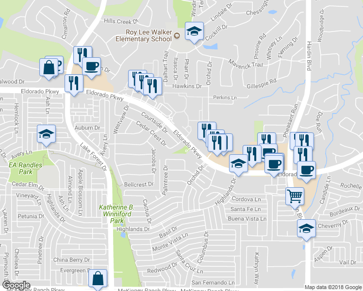map of restaurants, bars, coffee shops, grocery stores, and more near 3009 Cedar Crest Drive in McKinney