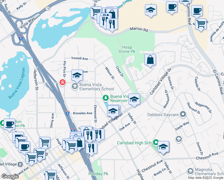 map of restaurants, bars, coffee shops, grocery stores, and more near 2780 James Drive in Carlsbad