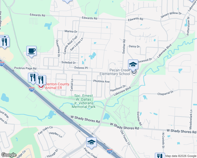 map of restaurants, bars, coffee shops, grocery stores, and more near 4600 Dogwood Drive in Denton