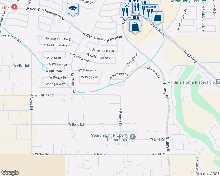 map of restaurants, bars, coffee shops, grocery stores, and more near 2400-2692 West Phillips Road in San Tan Valley