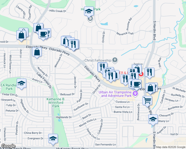 map of restaurants, bars, coffee shops, grocery stores, and more near 4300 Eldorado Parkway in McKinney