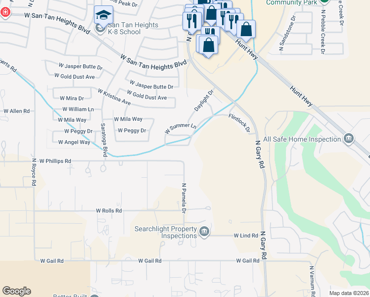 map of restaurants, bars, coffee shops, grocery stores, and more near 1948 Laurie Lane in Queen Creek