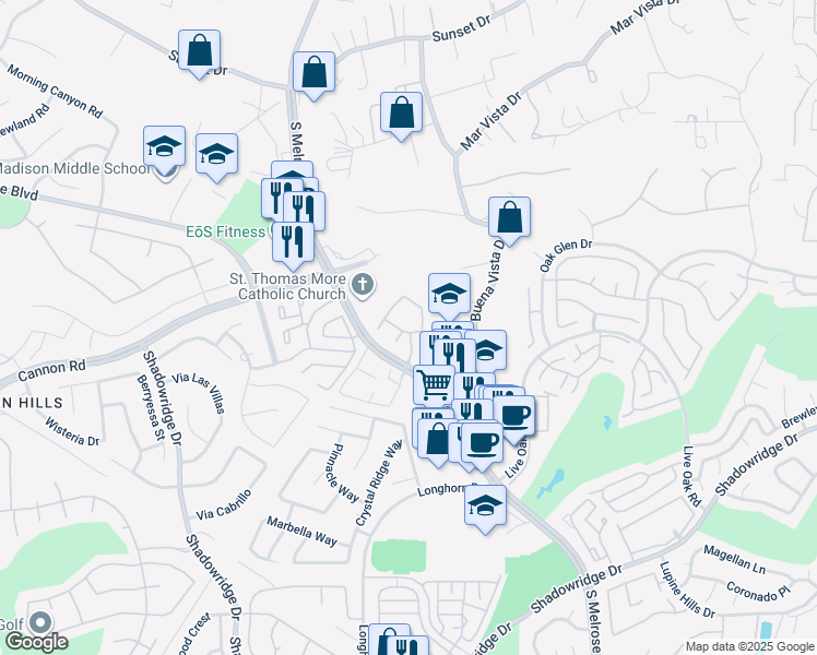map of restaurants, bars, coffee shops, grocery stores, and more near 1510 South Melrose Drive in Vista