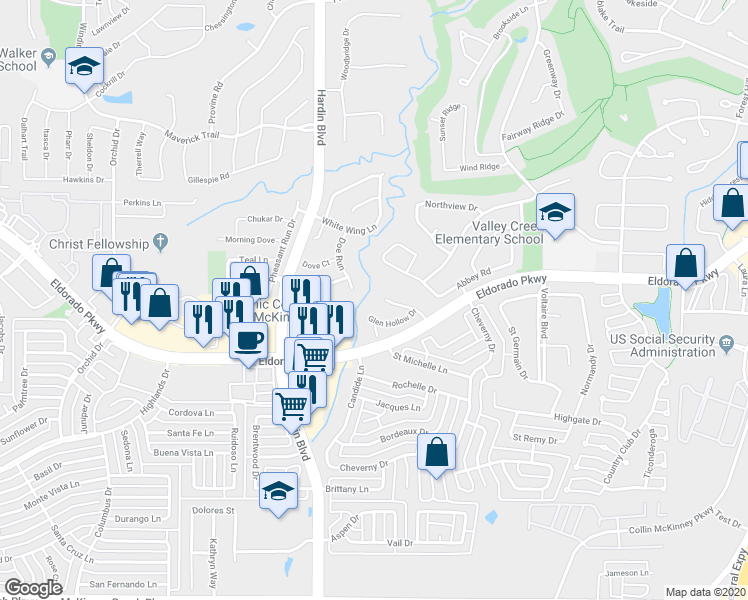 map of restaurants, bars, coffee shops, grocery stores, and more near 2902 Meadow Glen Drive in McKinney