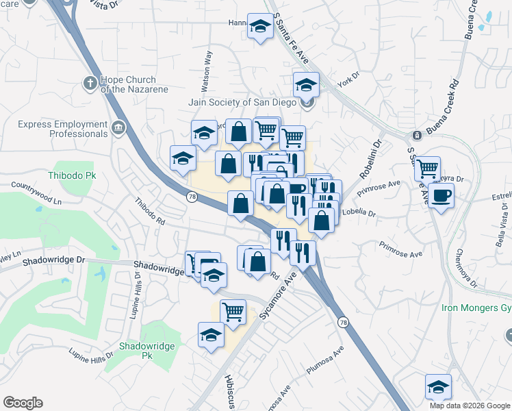 map of restaurants, bars, coffee shops, grocery stores, and more near 1851 University Drive in Vista