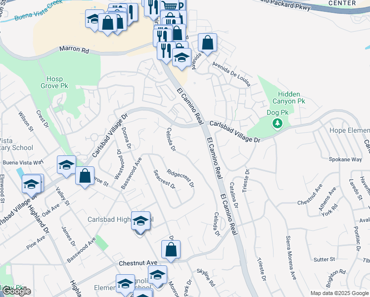 map of restaurants, bars, coffee shops, grocery stores, and more near 2301 Shawn Court in Carlsbad