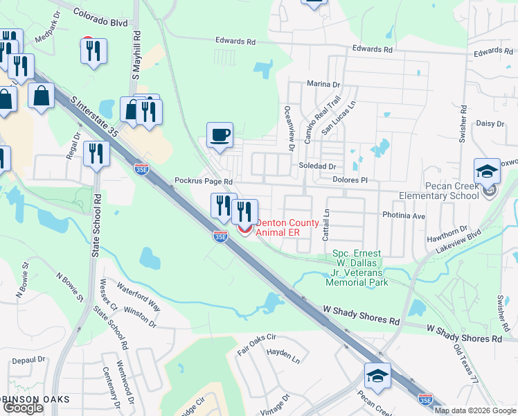 map of restaurants, bars, coffee shops, grocery stores, and more near 39b Sherwood Mobile Home Park in Denton