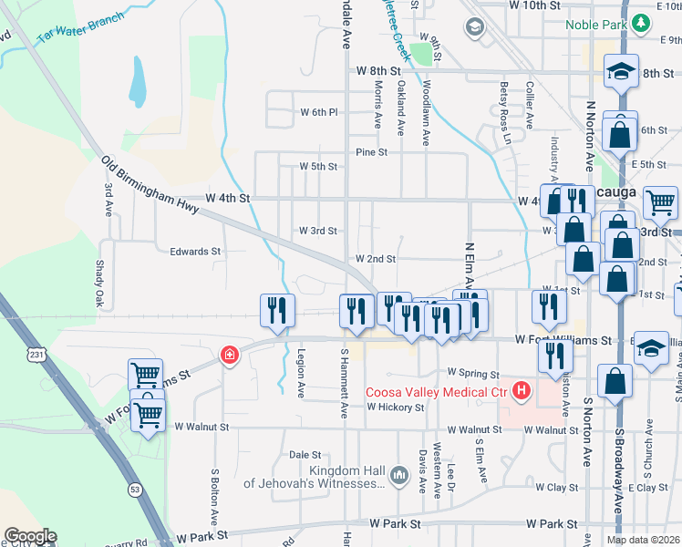 map of restaurants, bars, coffee shops, grocery stores, and more near 112 Avondale Avenue in Sylacauga