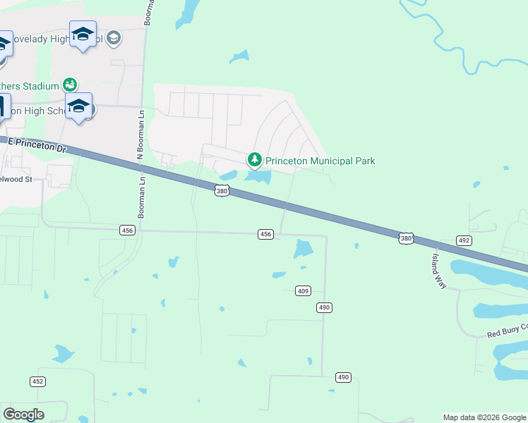 map of restaurants, bars, coffee shops, grocery stores, and more near 2101 East Princeton Drive in Princeton