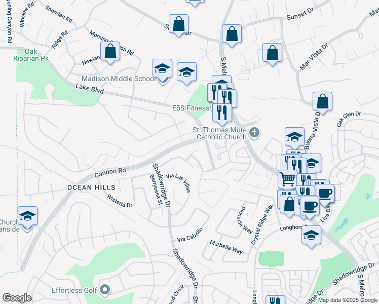 map of restaurants, bars, coffee shops, grocery stores, and more near 3652 Via Colina in Oceanside
