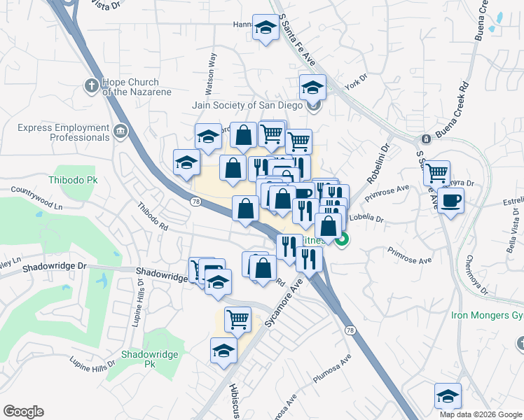 map of restaurants, bars, coffee shops, grocery stores, and more near 1851 University Drive in Vista