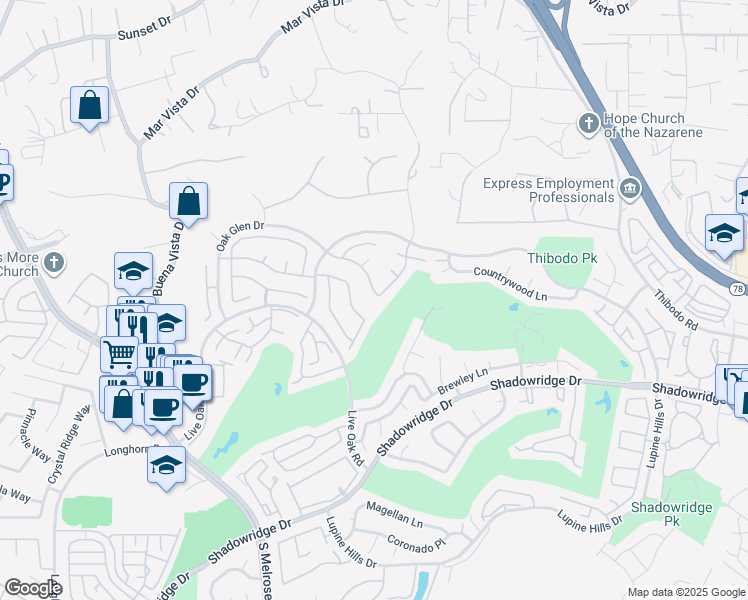 map of restaurants, bars, coffee shops, grocery stores, and more near 1954 Vineyard Avenue in Vista