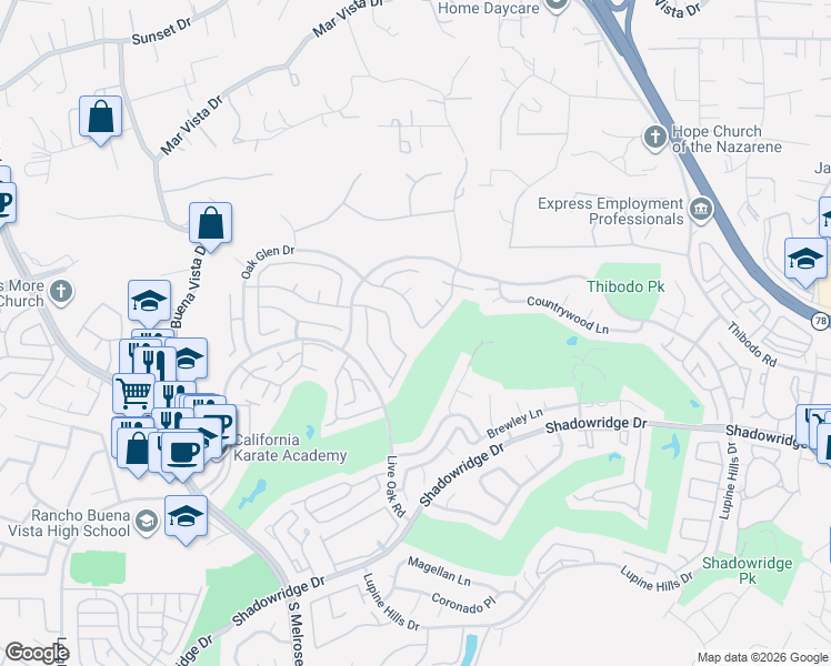 map of restaurants, bars, coffee shops, grocery stores, and more near 1954 Vineyard Avenue in Vista