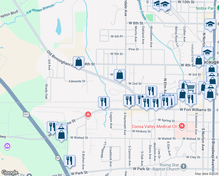 map of restaurants, bars, coffee shops, grocery stores, and more near 933 Old Birmingham Highway in Sylacauga