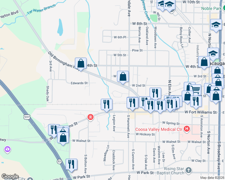map of restaurants, bars, coffee shops, grocery stores, and more near 933 Old Birmingham Highway in Sylacauga