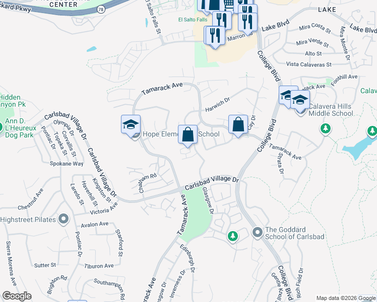 map of restaurants, bars, coffee shops, grocery stores, and more near 3708 Azimuth Place in Carlsbad