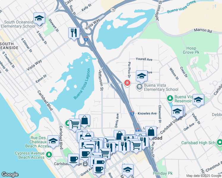map of restaurants, bars, coffee shops, grocery stores, and more near 2435 Tuttle Street in Carlsbad