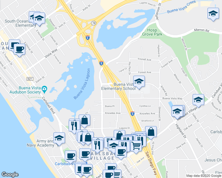 map of restaurants, bars, coffee shops, grocery stores, and more near 2435 Tuttle Street in Carlsbad