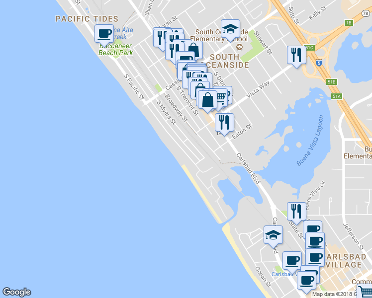 map of restaurants, bars, coffee shops, grocery stores, and more near 2028 South Pacific Street in Oceanside