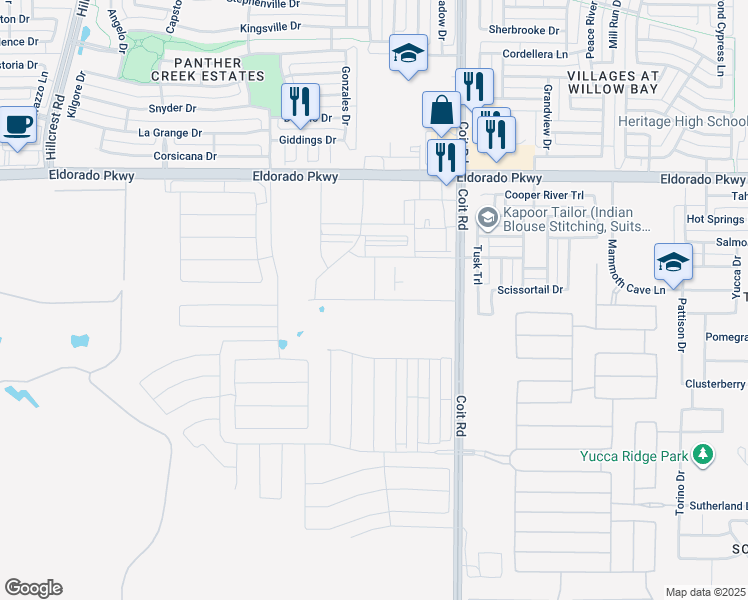 map of restaurants, bars, coffee shops, grocery stores, and more near Coit Road in Frisco