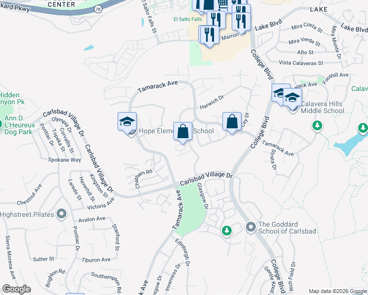 map of restaurants, bars, coffee shops, grocery stores, and more near 2935 Cliff Circle in Carlsbad