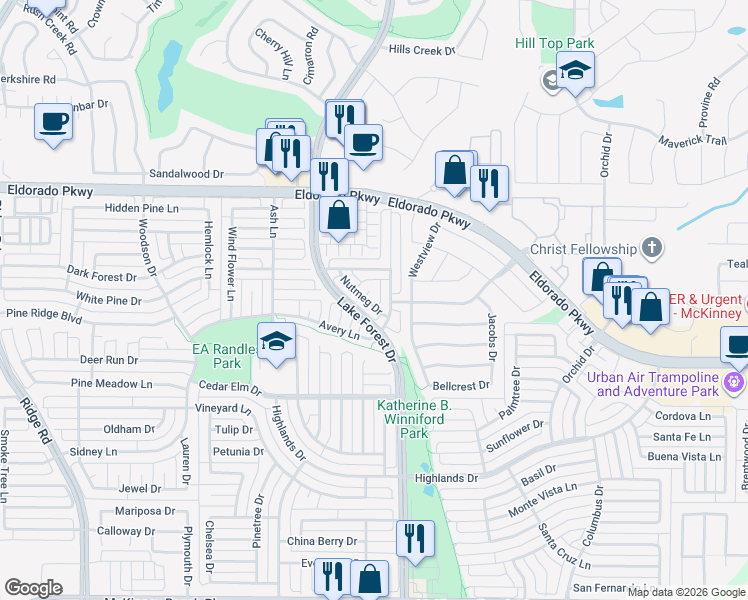 map of restaurants, bars, coffee shops, grocery stores, and more near 3304 Lake Forest Drive in McKinney