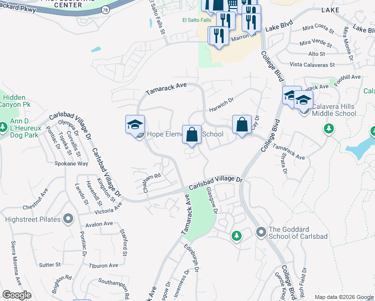 map of restaurants, bars, coffee shops, grocery stores, and more near 2935 Cliff Circle in Carlsbad
