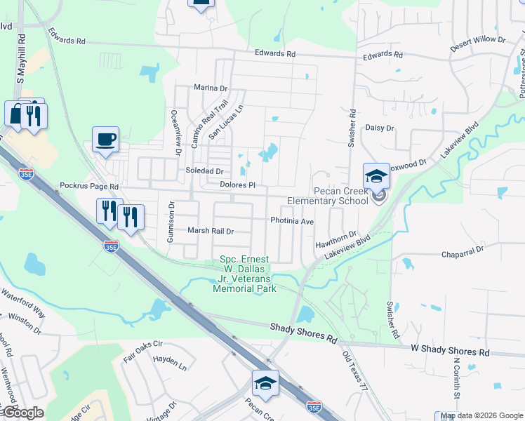 map of restaurants, bars, coffee shops, grocery stores, and more near 4516 Fox Sedge Lane in Denton