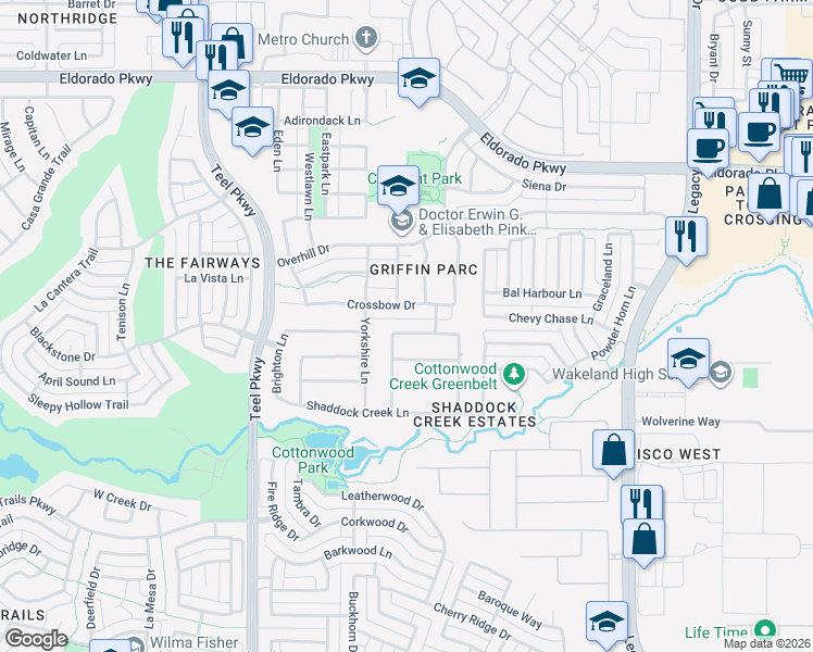 map of restaurants, bars, coffee shops, grocery stores, and more near 3585 Bloomfield Lane in Frisco
