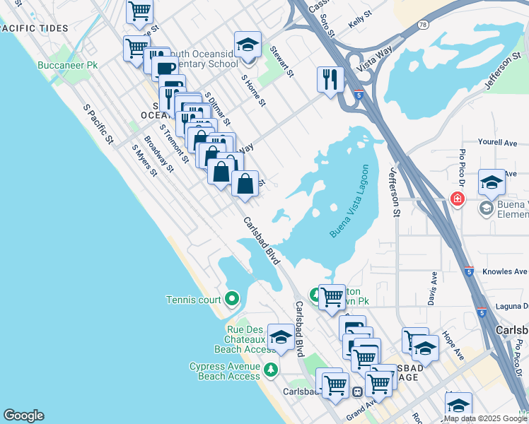 map of restaurants, bars, coffee shops, grocery stores, and more near 2142 South Coast Highway in Oceanside