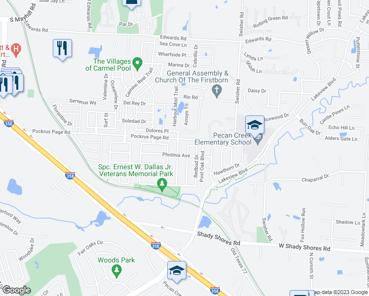 map of restaurants, bars, coffee shops, grocery stores, and more near 4508 Dogwood Drive in Denton