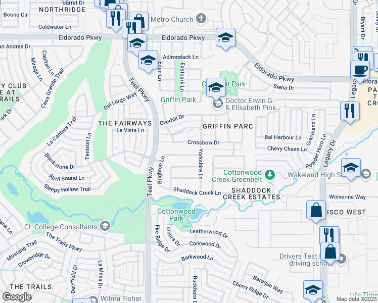 map of restaurants, bars, coffee shops, grocery stores, and more near 3371 Cumberland Lane in Frisco
