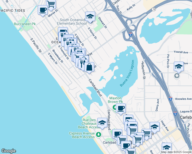 map of restaurants, bars, coffee shops, grocery stores, and more near 2202 South Coast Highway in Oceanside