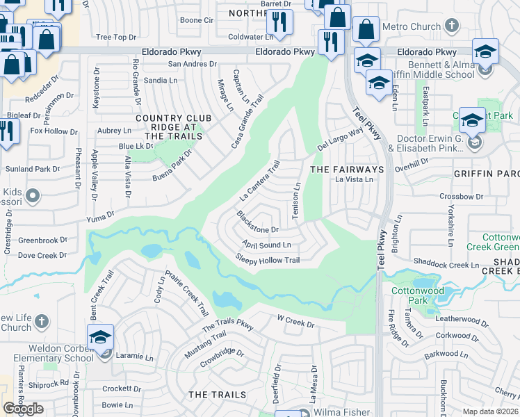 map of restaurants, bars, coffee shops, grocery stores, and more near 11003 Walden Court in Frisco