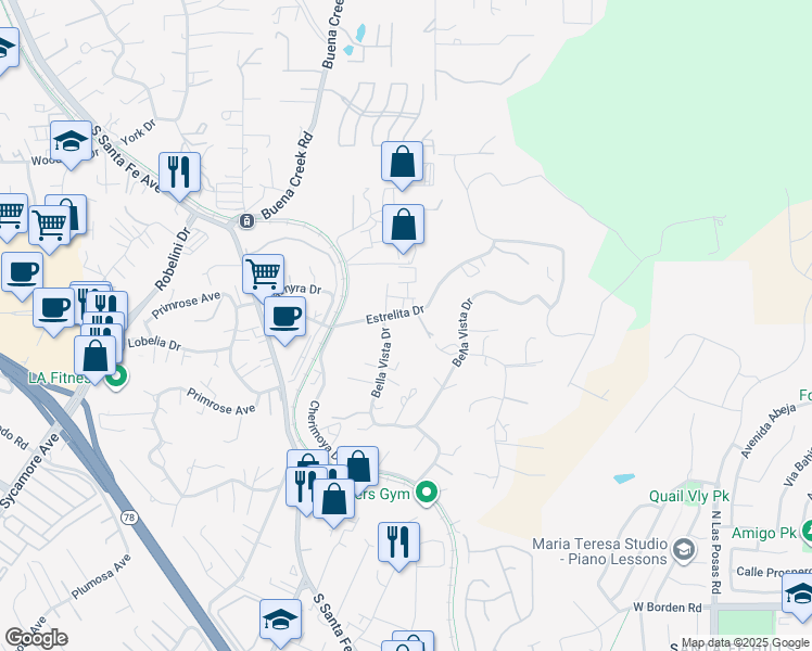 map of restaurants, bars, coffee shops, grocery stores, and more near 325 Estrelita Drive in Vista