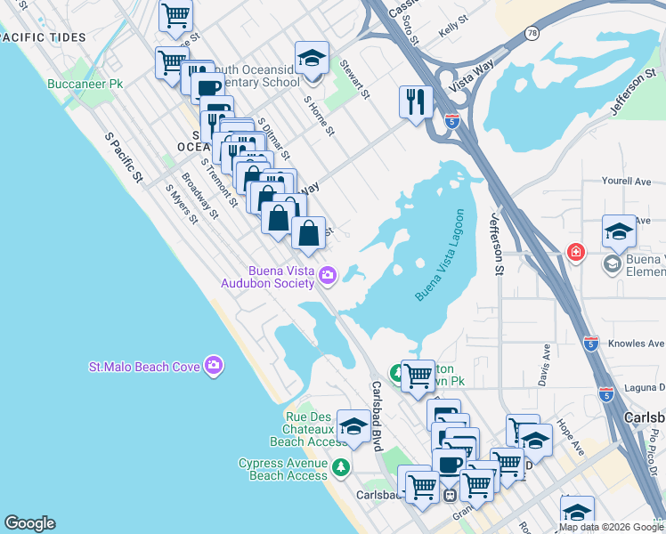 map of restaurants, bars, coffee shops, grocery stores, and more near 2120 South Coast Highway in Oceanside