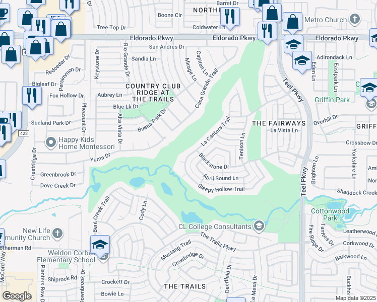 map of restaurants, bars, coffee shops, grocery stores, and more near 11057 Silver Horn Drive in Frisco